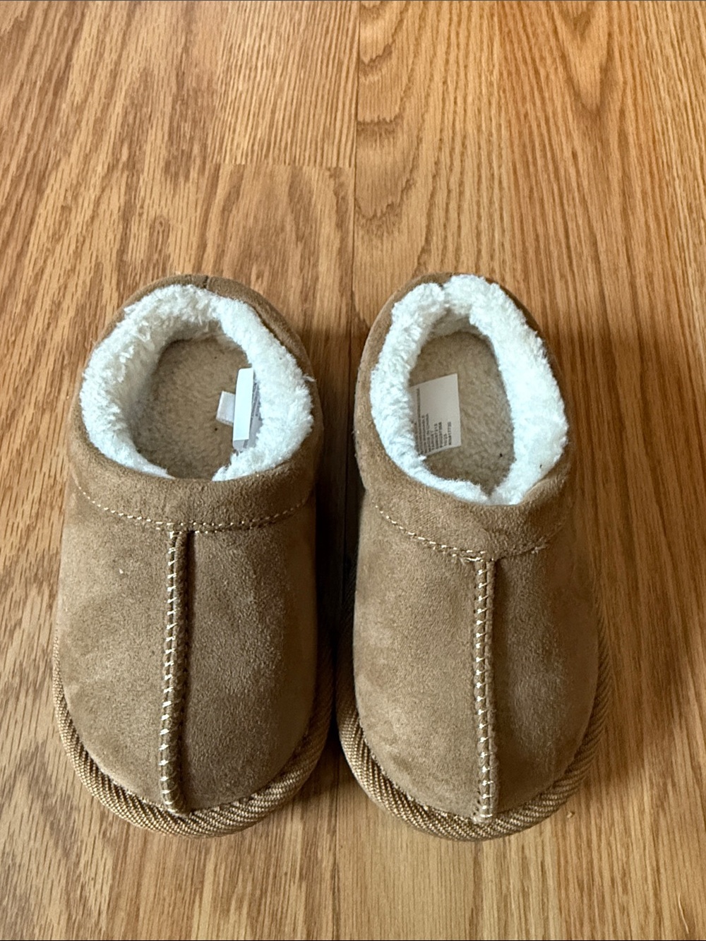 Kids Cozy Faux-Suede Slippers in Tan with Sherpa Lining